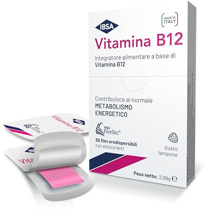 Vitamina B12 IBSA - 30 Film Orodispersibili. Integratore alimentare a base di Vitamina B12 che contribuisce al normale metabolismo energetico. Gusto Lampone