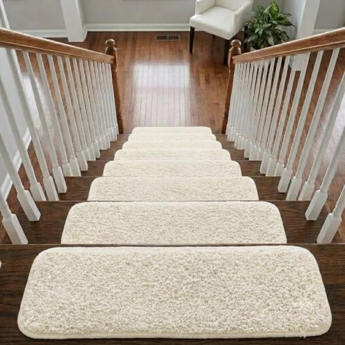 Soft Shaggy Stair Treads Non Slip Machine Washable Carpet Mats 22x67cm 30mm Thick Plush Stair Rugs for Wooden Stairs Indoor Anti Slip Step Mats Safe for Kids Pets and 100% Increased Yarn (Cream, 13)