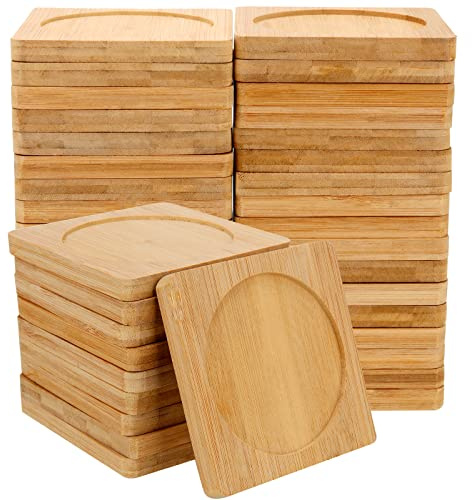 SHEUTSAN 60 PCS 3.7 Inches Bamboo Coasters, Square Wood Coasters, Bamboo Tray Saucer for Drinks, Crafts, Succulents