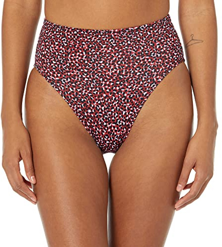 Amazon Essentials Bas de Bikini Échancré Taille Haute Femme, Rouge Brique Léopard, 42