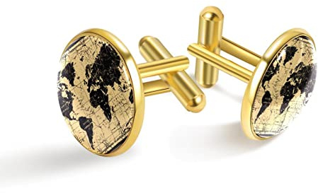 Personalisierte Gold Manschettenknöpfe für Smoking Shirt Retro Alte Weltkarte Kompass, 20mm*20mm, Edelstahl, Künstlicher Quarz