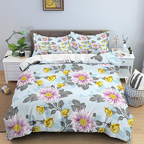 Fundas Nordicas 105 Crisantemo Azul Ropa de Cama para Niños Adultos con Cremallera Suave Transpirable 110gsm Microfibra Fundas Nordicas 220x240 cm + 2 Fundas de Almohada 50x80 cm