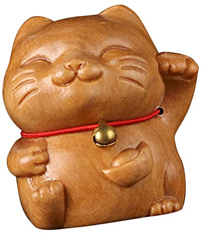 YARNOW Glückskatze Holzschnitzerei Maneki Neko aus Sandelholz Kleine Katzenstatue für Schreibtisch und Zuhause Feng Shui Dekoration Auto Bücherregal Ornament Japanische Glückskatzenfigur