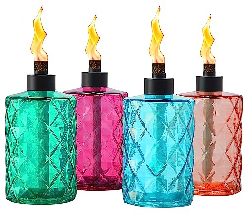 4 Pack Glass Table Top Torches Tesrago, Citronella Torches for Outside, with Wick and Cap, Refillable Flame Light Torch, Decorative Tabletop Lantern for Yard, Patio,Deck,Garden,Outdoor Party,Landscape