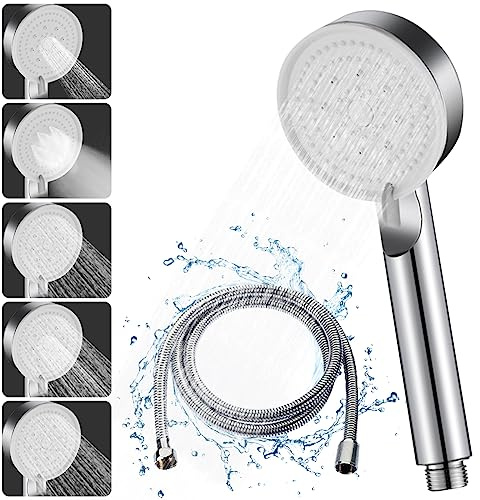 Pommeau de Douche Haute Pression - Économie d'Eau 5 Modes Réglable, Économique, Douchette Salle de Bain avec 1.5M Tuyau (Silver Set)
