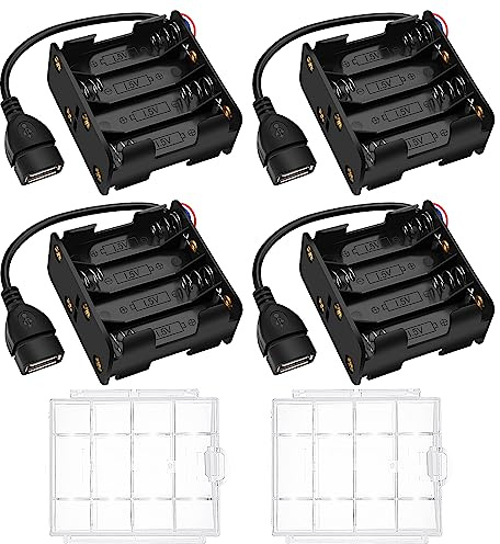 4 Stycken 8 x 1.5V AA Batterihållare, KUOQIY 12V Batteri Förvaringslåda med USB Honkontakt, med Cell Batteri Förvaringsfodral Hållare Låda