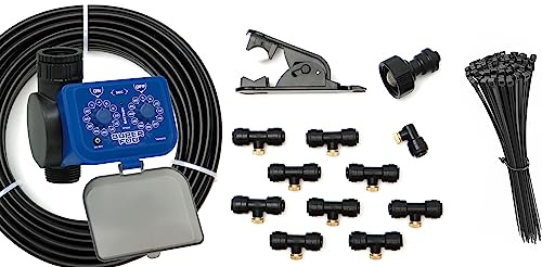 SUPERFOG - Kit de Nebulizador para Terraza con Programador. Compuesto por: 10 Toberas de Latón de enfriamiento, 12 Metros de Tubo Negro, 50 Bridas, 1 Cortatubos, 1 Enlace de grifo y Programador