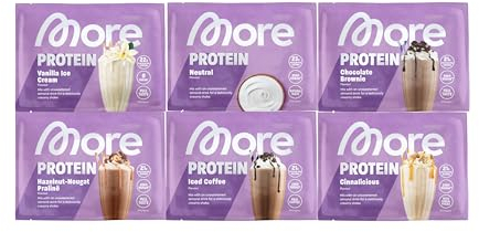 MORE Protein, Probenbundle, 6 x 25 g, Proteinpulver, Mix aus Whey Konzentrat und Casein ideal zum Muskelaufbau und -erhalt, mit Laktase - made in Germany (Sorten können variieren)