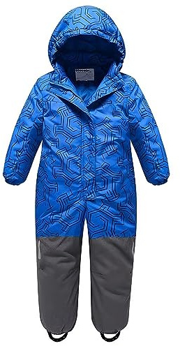 linboo Combinaison de Ski pour Enfant Fille Garçon Combinaison de Neige à Capuche Imperméables Coupe-vent Vêtements de Ski avec Bandes Réfléchissantes, Le labyrinthe bleu, 3-4 ans