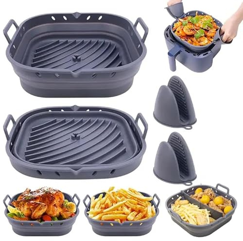 8.5Inch Silicone Air Fryer Liner, Divider & Heat Resistant Mitts | Collapsible, Foldable, Easy Clean, Non-Stick, Reusable Large Square Fryer Basket (Dark Grey)