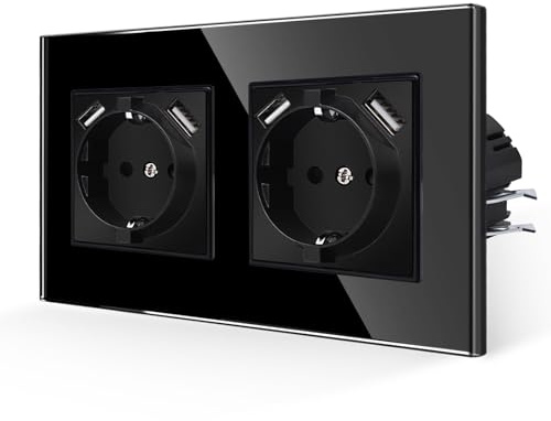 JIMEIDA Prise double avec USB en noir - Prise en verre 16 A avec port USB-A maximum 2,1 A - Prise murale encastrée - 157 x 86 mm - 250 V
