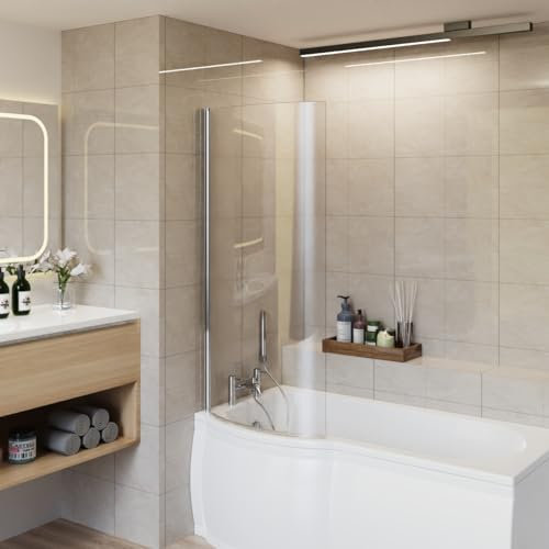 Aquariss 1400x715mm 6mm Curved Toughened Safety Glass Pivot Bath Screen Panel for P-Shaped Bath Chrome