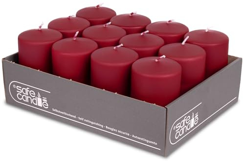 DecoLite Stumpenkerzen 10 x 6 cm, 36h Brenndauer, 12 Stück, Altrot | RAL-geprüft, Safe Candle selbstverlöschend, tropf- & rußfrei, ohne Duft, 12 Stück, 10 x 6 cm, 36 h