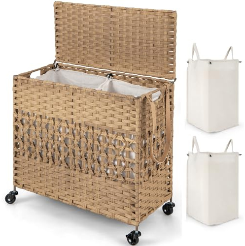 Giantex Laundry Hamper with Wheels and Lid, 33 Gal (125L) Wicker Laundry Basket, 2 Removable Liner Bags, Handles and Pulling Strap, Synthetic Rattan Rolling Laundry Hamper Clothes Storage