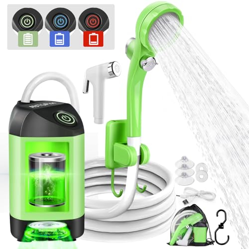 AUTOPkio Portable Outdoor Shower, Upgraded Camp Shower with Pump & 4500mAh Rechargeable Battery IPX7 Waterproof for Camping, Hiking, Car Washing, Pet Cleaning (Green)