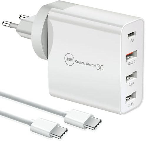 48W USB C Ladegerät, Schnellladegerät 4 Ports Quick Charger PD 3.0 Mehrfach kompatibel mit iPhone 15/14/13/12,Se, İpad, Samsung Galaxy, Huawei, Xiaomi, Power Adapter, USB A und Type C Netzeil