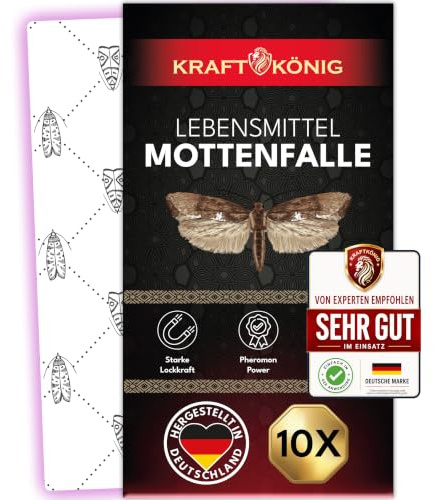 KRAFTKÖNIG Lebensmittelmotten Falle 10er Set – Mottenfalle Lebensmittel mit starker Pheromon-Lockwirkung – geruchlose Mottenfalle mit Langzeitwirkung für Küche & Vorratsschrank