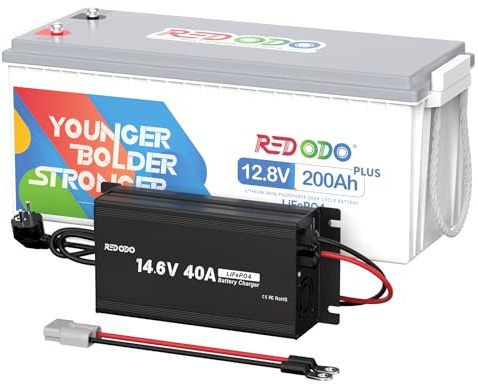 Redodo 12,8V 200Ah Plus LiFePO4 Lithium Akku mit LiFePO4 Ladegerät 14,6V 40A, Wiederaufladbare Lithium-Batterie mit 4000+ Zyklen, Eingebaut 200A BMS, 10 Jahre Lebensdauer Perfekt für Wohnmobile