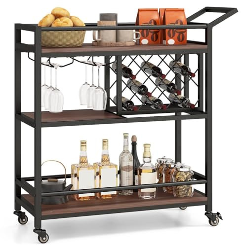 TANGZON 3 Tier Serving Cart, Rolling Drinks Trolley with Wine Rack, Glass Holder, Locking Wheels & Handle, Home Bar Cart Trolley Utility Storage Shelves for Kitchen Dining Living Room (Brown)