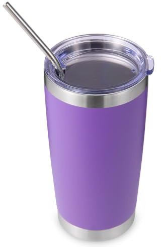 Volhoply 20oz 550ml Travel Insulated Tumbler with Lid and Straw, Double Wall Insulated Travel Iced Coffee Mug Fits Car Cup Holder,Powder Coated Cups for Hot & Cold Drinks, BPA Free（Purple,1 Set）