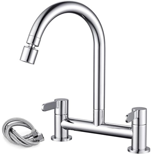 Peppermint Kitchen Mixer Taps 2 Hole with 2 Function Aerator Kitchen Sink Mixer Taps Dual Lever Chrome Bridge Sink Mixer Tap for Kitchens 360° Swivel 180MM Center Deck Mounted 1/4 Turn Faucet