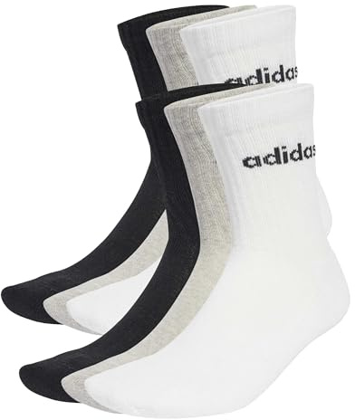 adidas unisex - vuxen Linear Crew Socks Cushioned Socks 6 Pair Pack, Medium Grey Heather/White/Black, 5-6 Years