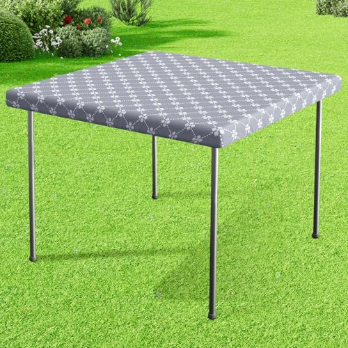 misaya Square Vinyl Table Cloth, Elastic Fitted Tablecloth with Flannel Backing, Waterproof Plastic Table Cover Fits Folding Tables for Camping, Indoor and Outdoor (Grey, 34 x 34)