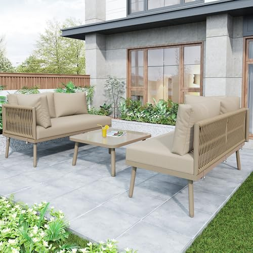 Lexiou Garten-Lounge-Set aus Eisen, Gartenmöbel-Set, L-förmiges Gartenmöbel-Set, Lounge-Set aus mit Sitzkissen, verstellbaren Füßen, 2 Sofas und 1 Tisch, Khaki
