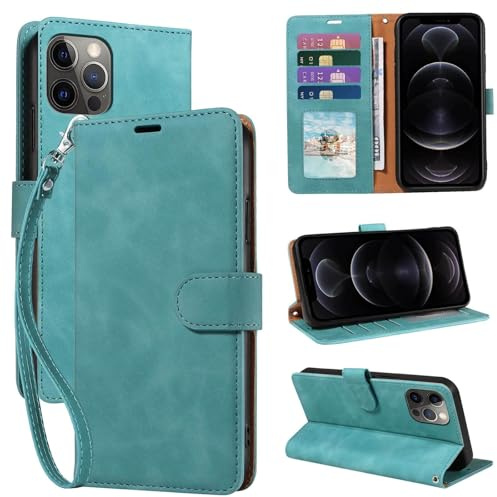 GOTOURED for iPhone 12/12 Pro Case Wallet with 4 Card Slots & Strap (Green) | PU leather flip cover, RFID blocking, magnetic closure, shockproof protection, folio design, kickstand, phone case