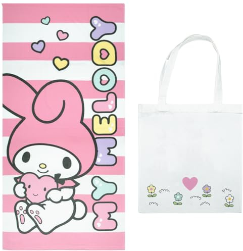 ms móvil shop Toalla Infantil My Melody con Bolsa de Playa – Diseño Rosa con Rayas y Corazones – 70x140 cm – Ligera, Suave y de Secado Rápido – Ideal para Playa, Piscina o Regalo para Niñas