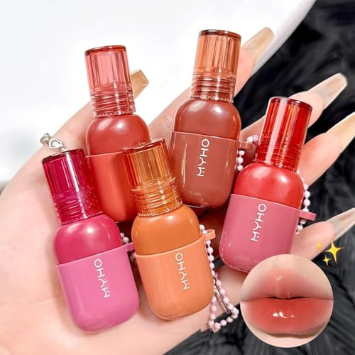 Domality 5 Colours Lip Oil Lip Glaze Set, 5pcs Glossy Lip Gloss Set with Keychain, Mirror Finish Shiny Lip Plumping Tint, Hydrating Moisturizing Non-Sticky Lip Makeup Kit