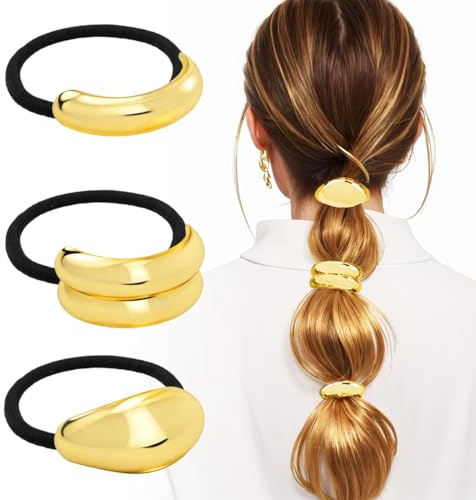 GXGM 3 Pièces Bandes de Cheveux Élastiques Dorées, Elastiques Cheveux Bandeau, Élastiques à Cheveux en Métal pour Femme, Élastiques à Cheveux Dorés en Métal, Elastique Cheveux Femme