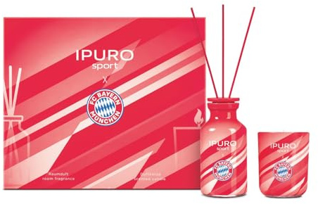 ipuro x FC Bayern München Duftset Raumduft 50ml + Duftkerze 50g im Geschenkset - Frische & Tiefe mit Grapefruit, Apfel & Sandelholz Duft - Lufterfrischer Set - FC Bayern Fanartikel (240ml)