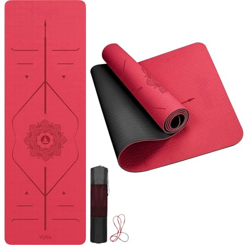 AUNEK Pro Yoga Mat Thick 6mm with Alignment Lines, Non-Slip Exercise Mat with Carry Bag and Strap, Lightweight Sweat Resistant Yoga Mats for Women Men, Fitness Pilates Workout Gym Mats for Home