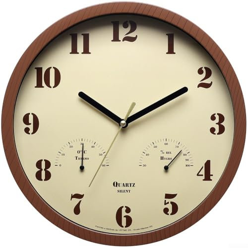 Sumsoctober Kleine Außenuhr mit Thermometer und Hygrometer – 25,4 cm leise wasserdichte Wanduhr für Terrasse Garten Küche Indoor Outdoor rustikale Holzmaserung Design (Holzmaserung)