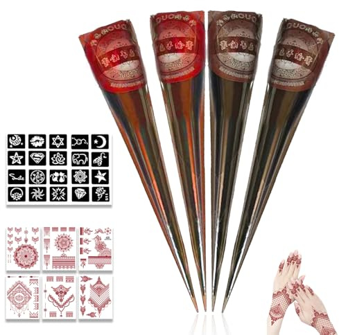 ElevaPulse Henna Tattoo Set - 2 Henna Kegel Braun und 2 Rotbraun, 20 Schablonen, 6 Aufkleber, Henna Braun Sommersprossen für Körperkunst