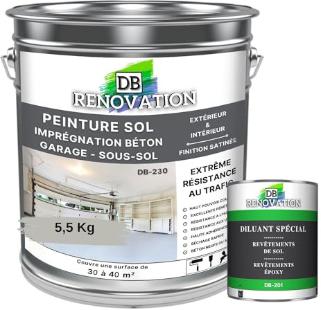 DB Rénovation PEINTURE SOL BETON Industriel - Garage, sous-sol - Extrême trafic intérieur, extérieur - Haute résistance - Gris soie - Kit 5,5KG + 1L Diluant