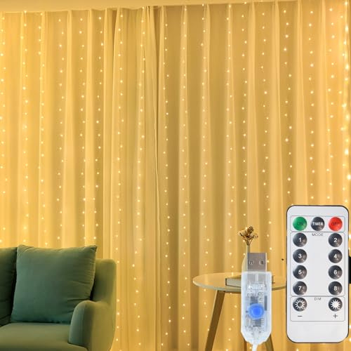 YAPJOY Curtain Fairy Lights Indoor, 300LED 3mx3m Waterfall Hanging USB Powered Fairy String Lights with Remote, 8 Modes Waterproof Window String Light for Bedroom/Wall/Outdoor/Party(Warm White)