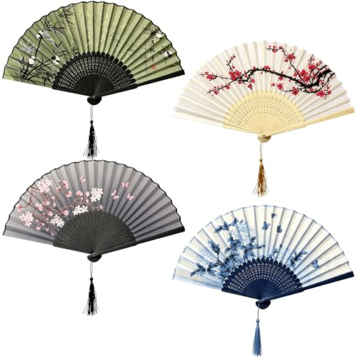 FOSDICK 4 Stück Hand Fächer Klein, Retro Handfächer, Chinesischer Stil Hand Fan Folding, Fecher Damen, Mini Fächer für Handtasche, Bambus Stofffächer für Geburttag Party Wedding Fotografie Wanddeko