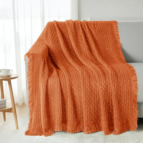 Exclusivo Mezcla Couverture Rafraichissante d'Été, Tricotée à Franges, Plaid Douce et Respirante pour Canapé et Lit, jeté de lit léger et Frais, Idéal pour la pièce climatisée, 130x150 cm, Orange