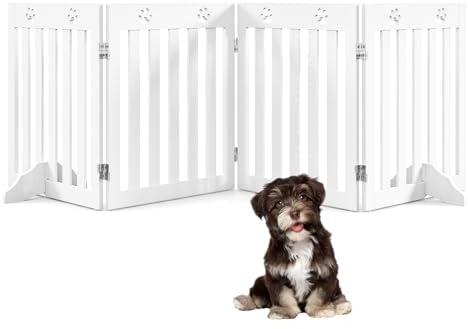 SOARS Absperrgitter Hund 204x61cm, faltbar mit 2 Stützfüßen, Weiß | Treppengitter für Hunde, Wohnung mit 4 Paneelen, Schutzgitter für Küche, Flur, Kamin & Ofen