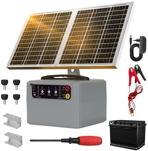 48KM Solar Pastor Electrico con Batería, 6KV-12KV pastor electrico Cerca eléctrica Controlador, 0.3-1.5J Cerca eléctrica Pastor para Cría de animales pastores, para Granja Pastar Jardín (Gray)