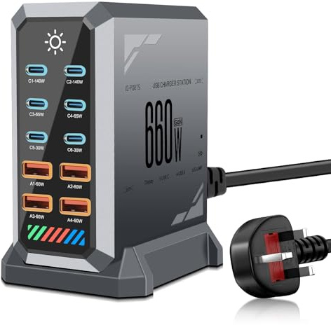 660W USB C Charging Station, 10-Port GaN Charger, Multi USB Charger with 6 USB-C & 4 USB-A Ports, Fast USB Charging Hub Compatible with MacBook, Phone, Galaxy, Laptop & More