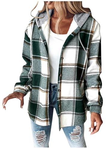 Veste de chemise pour femme avec capuche en polaire - Veste d'hiver à carreaux - Blouse chemise - Manteau chaud doublé - Veste en laine à carreaux - Veste à capuche ample - Veste tendance - Manches