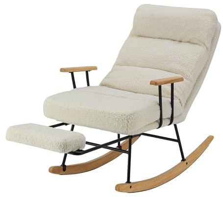 Home Nature Schaukelstuhl aus Holz, bis 150 kg belastbar, Moderner Sessel mit Hoher Rückenlehne, Armlehnen & rutschfesten Füßen, für Wohnzimmer, Outdoor (Beige mit Fußstütze)
