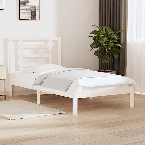 Mandloder Massivholzbett Weiß 90x200 cm, Kiefernholz Bettrahmen mit Kopfteil, Robustes Holzbett für Schlafzimmer, modernes Design, Einzelbett ohne Matratze