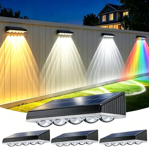 GEARLITE Solar Fence Lights 4Pack 5-Convex Lens Solar Lights Outdoor Garden | Warm/Warm White/Cool White & RGB 9 Colors 10 Modes Garden Fence Solar Lights, Solar Outdoor Lights for Yard Pathway Wall