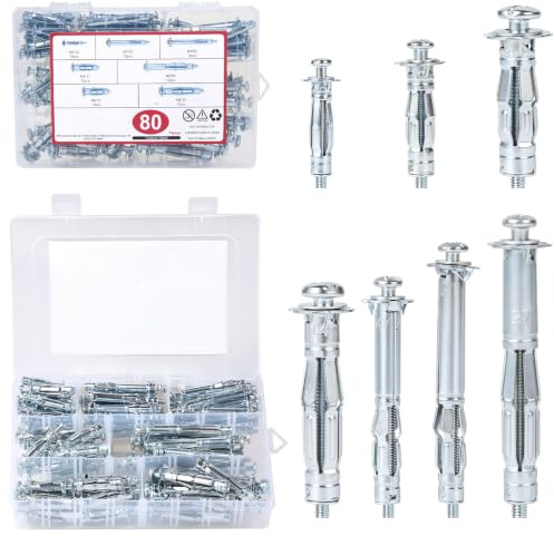 DBREAKS 80 Piezas Tacos para Pladur Metálicos, Kit tacos de Expansión M4 M5 M6 Acero Galvanizado, Mariposa, para Pared Hueca, Anclajes de Carga Pesada para Yeso y Madera