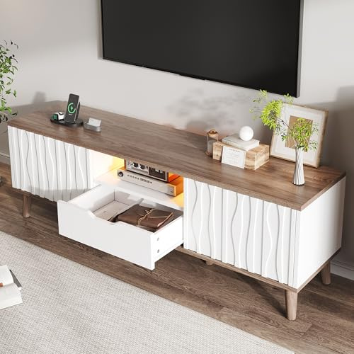 DACHETOU Mueble de TV multimedia moderno con puerta corredera y espacio de almacenamiento, capacidad para hasta 70 TV, color blanco + madera de nogal oscuro, 160 x 40 x 52 cm
