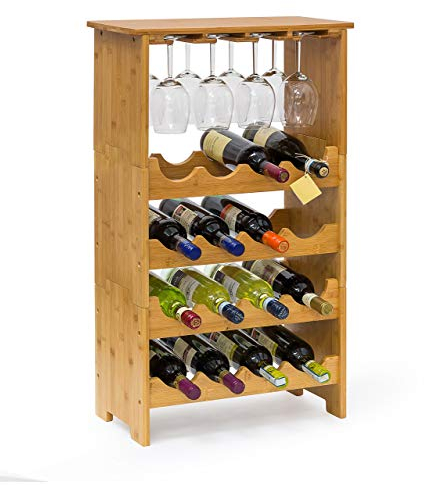 Relaxdays Scaffale per 16 Bottiglie di Vino, Portabottiglie, 84x24x50 cm, Cantinetta in bambù, Calici, Legno Naturale, Metallo, 24x50x84 cm